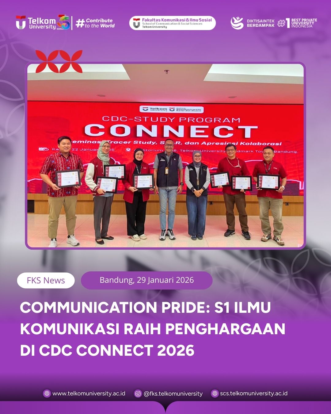 S1 Ilmu Komunikasi Telkom University Raih Penghargaan “Best Tracer Study Participation” di CDC Connect 2026 S1 Ilmu Komunikasi Telkom University Raih Penghargaan “Best Tracer Study Participation” di CDC Connect 2026